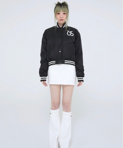 UGLY SHADOW(アグリーシャドウ)の「【Ugly shadow/アグリーシャドウ】BASEBALL JUMPER / ベースボールジャケット ジャンパー ジャンバー アウター 羽織 秋服 冬服 スカジャン ブルゾン Y2K(ブルゾン・レディース・ブラック/ダークブルー・ONE SIZE)」の8枚目の写真