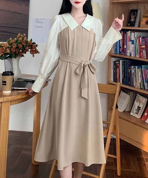 Amulet（アミュレット）の「ウエストマークドッキングワンピース（ワンピース・レディース・ベージュ・M/L/XL）」の3枚目の写真