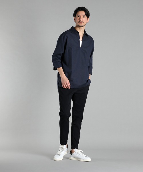 ランバンオンブルー リネン混スキッパーシャツ 綿 麻 7分袖 24ss 白系 コットン/リネン素材 7分袖 スキッパーシャツ（シャツ/ブラウス