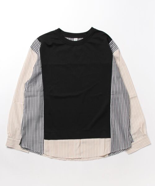 LOPASS(ロパス)の「ストライプ 異素材切り替えトップス(Tシャツ/カットソー・レディース・ブラック・M/L)」の2枚目の写真