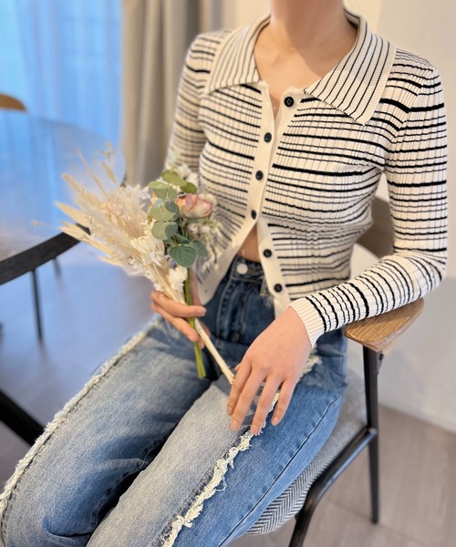 Jewelobe(ジュエローブ)の「衿付きボーダーカーディガン(カーディガン/ボレロ・レディース・アイボリー/ブラック/グリーン・FREE)」の9枚目の写真