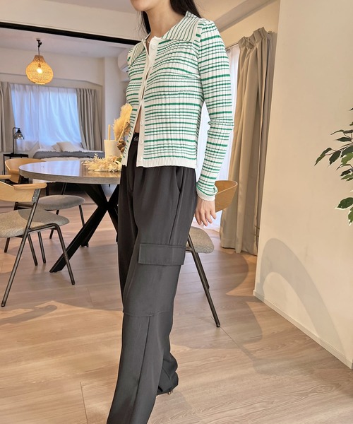 Jewelobe(ジュエローブ)の「衿付きボーダーカーディガン(カーディガン/ボレロ・レディース・アイボリー/ブラック/グリーン・FREE)」の21枚目の写真