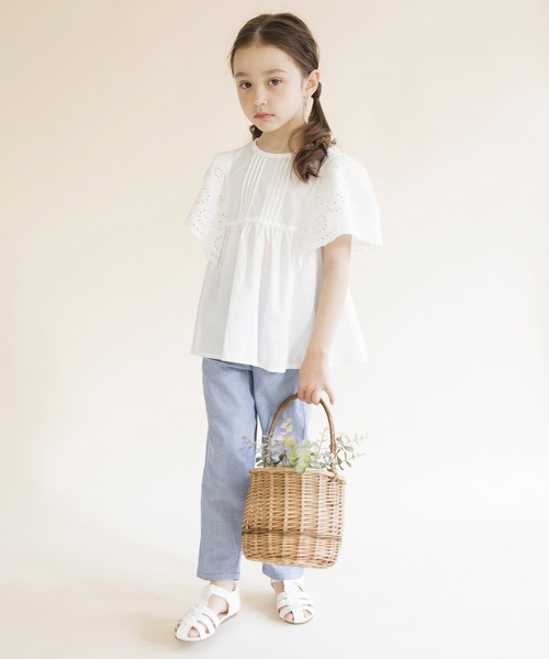 BRANSHES(ブランシェス)の「【プチレディ】袖スカラップ刺繍半袖チュニック(チュニック・キッズ・オフホワイト/ラベンダー・110/150/120/140/130/100/90)」の3枚目の写真