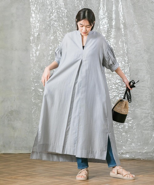CLOCHE（クロシェ）の「麻混キーネック袖ギャザーワンピース