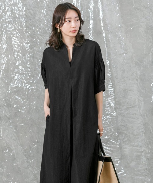 CLOCHE（クロシェ）の「麻混キーネック袖ギャザーワンピース