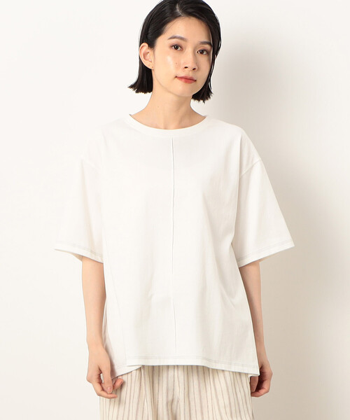 ONIGIRI(オニギリ)の「配色ステッチ バックフレア Tシャツ(Tシャツ/カットソー・レディース・ベージュ/オフホワイト/カーキ/チャコール/サックスブルー/イエロー・FREE)」の2枚目の写真