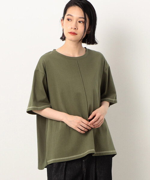 ONIGIRI(オニギリ)の「配色ステッチ バックフレア Tシャツ(Tシャツ/カットソー・レディース・ベージュ/オフホワイト/カーキ/チャコール/サックスブルー/イエロー・FREE)」の10枚目の写真