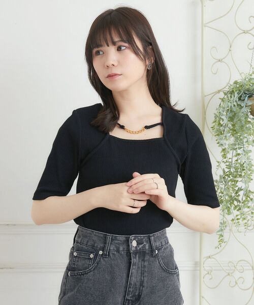 ems excite（エムズエキサイト）の「チェーン付スクエアテレコCT（Tシャツ/カットソー・レディース・ブラック/オフホワイト/ピンク・FREE）」の19枚目の写真