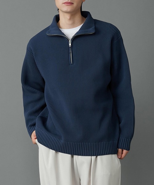 ANPAS(アンパス)の「Half Zip Knit/別注 オーバーサイズ ハーフジップ ニット 吸水速乾 UVカット マシンウォッシャブル 帯電防止 抗ピリング(ニット/セーター・メンズ・グレイッシュベージュ/オフホワイト/ブルー/グレー/ブラック/チャコール・L/M/LL)」の6枚目の写真
