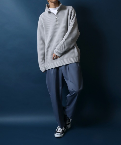 ANPAS(アンパス)の「Half Zip Knit/別注 オーバーサイズ ハーフジップ ニット 吸水速乾 UVカット マシンウォッシャブル 帯電防止 抗ピリング(ニット/セーター・メンズ・グレイッシュベージュ/オフホワイト/ブルー/グレー/ブラック/チャコール・L/M/LL)」の12枚目の写真