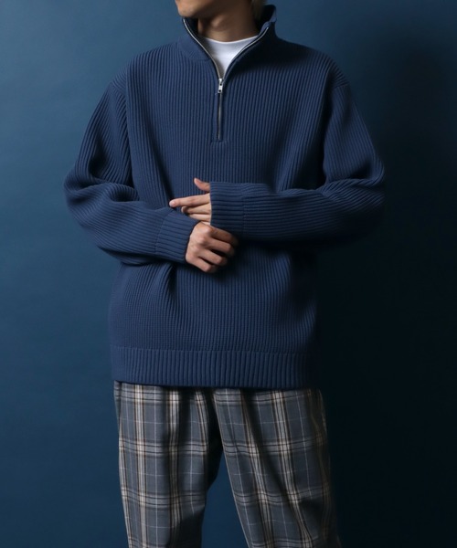 ANPAS(アンパス)の「Half Zip Knit/別注 オーバーサイズ ハーフジップ ニット 吸水速乾 UVカット マシンウォッシャブル 帯電防止 抗ピリング(ニット/セーター・メンズ・グレイッシュベージュ/オフホワイト/ブルー/グレー/ブラック/チャコール・L/M/LL)」の22枚目の写真