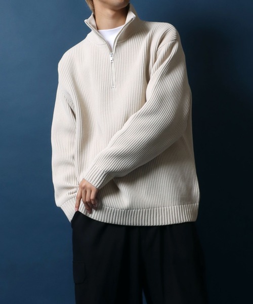 ANPAS(アンパス)の「Half Zip Knit/別注 オーバーサイズ ハーフジップ ニット 吸水速乾 UVカット マシンウォッシャブル 帯電防止 抗ピリング(ニット/セーター・メンズ・グレイッシュベージュ/オフホワイト/ブルー/グレー/ブラック/チャコール・L/M/LL)」の16枚目の写真