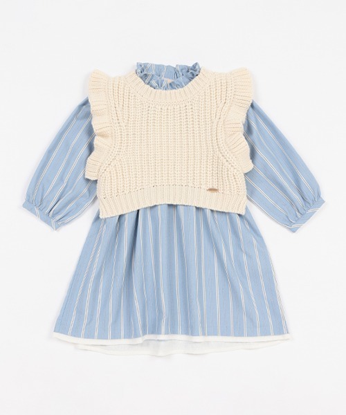 petit main（プティマイン）の「ニットベストセット柄ワンピース（シャツワンピース・キッズ・ライトブルー/グリーン・80ｃｍ/90cm/100cm/130cm/120cm/110cm）」の2枚目の写真