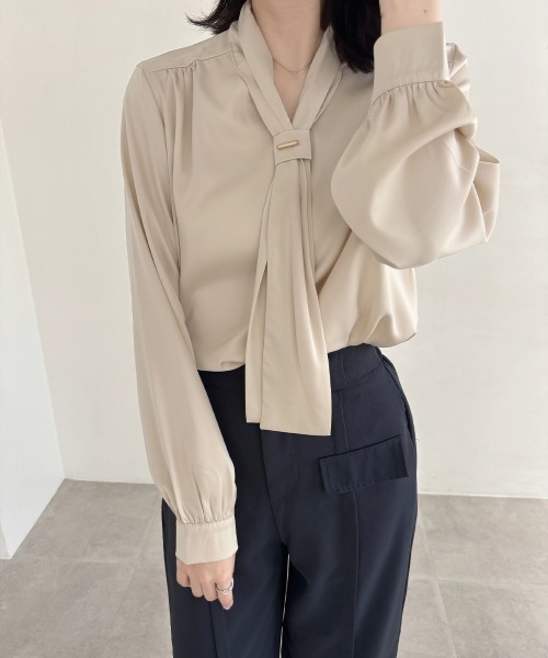 Miniministore(ミニミニストア)の「【新色追加】ボウタイ ブラウス レディース Vネック(シャツ/ブラウス・レディース・ライトベージュ/ホワイト/ブルー/ブラック/ライトイエロー・XL/M/L)」の9枚目の写真