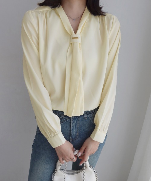 Miniministore(ミニミニストア)の「【新色追加】ボウタイ ブラウス レディース Vネック(シャツ/ブラウス・レディース・ライトベージュ/ホワイト/ブルー/ブラック/ライトイエロー・XL/M/L)」の7枚目の写真