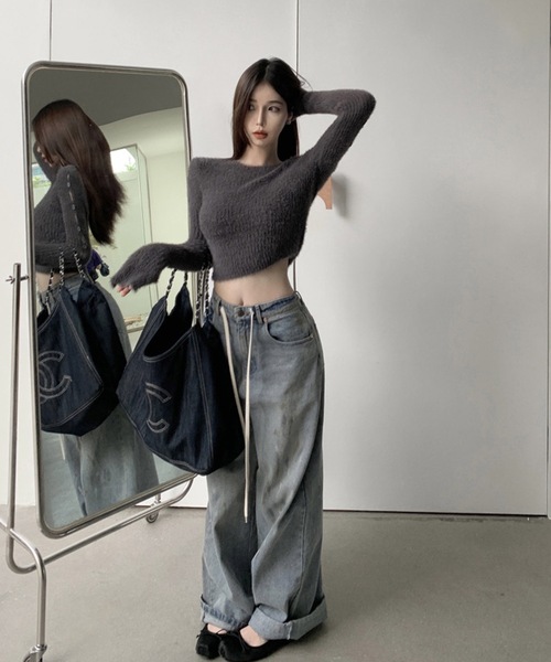 shopnikoniko(ショップニコニコ)の「クロップド丈 袖ボタン シャギーニット スリットスリーブ もこもこ ファーニット(ニット/セーター・レディース・ブラック/ホワイト/グレー・フリー)」の13枚目の写真