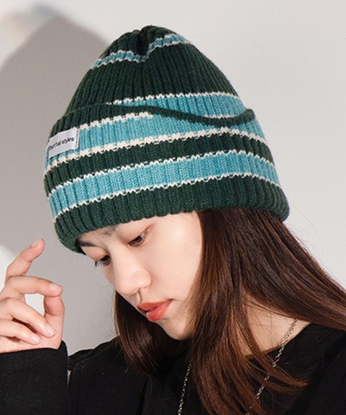 ユキエモン♡リボンボーダーキャップ LYEON（リヨン）の「ボーダービーニー/ボーダーニット帽（ニット