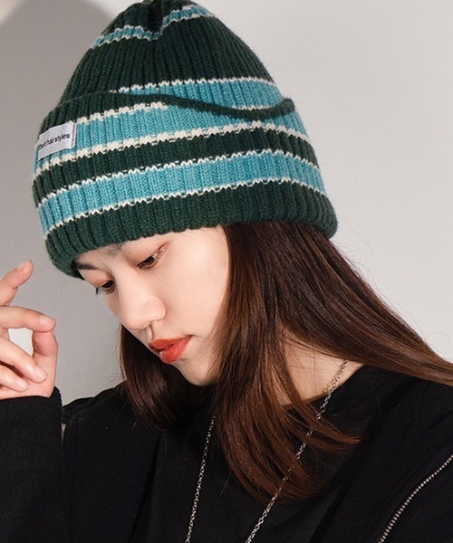LYEON（リヨン）の「ボーダービーニー/ボーダーニット帽（ニットキャップ/ビーニー・レディース・ブラック/ターコイズブルー/グリーン/ブルー・FREE）」の14枚目の写真