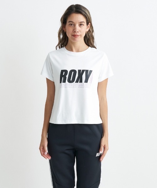 ROXY(ロキシー)の「MY WAY S/S TEE/ロキシー速乾UVカット付きフロントブランドロゴクロップド丈Tシャツ(Tシャツ/カットソー・レディース・ホワイト/ブラック・LARGE/MEDIUM/SMALL)」の1枚目の写真