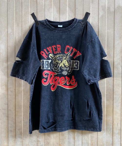 ヒステリックス Tシャツ カットソー 骸骨 スカル 総柄 ダメージ加工 DEVICE（デバイス）の「タイガー スカル 髑髏 プリントダメージ