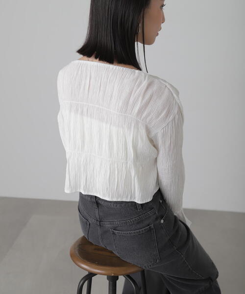 FREE'S MART（フリーズマート）の「◆［WEB限定］シアーギャザー前開き短丈ブラウス（シャツ/ブラウス・レディース・ブラック/ホワイト/ライトグリーン/オレンジ・FREE）」の5枚目の写真