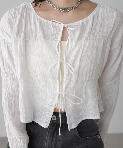 FREE'S MART（フリーズマート）の「◆［WEB限定］シアーギャザー前開き短丈ブラウス（シャツ/ブラウス・レディース・ブラック/ホワイト/ライトグリーン/オレンジ・FREE）」の7枚目の写真