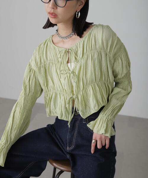 FREE'S MART（フリーズマート）の「◆［WEB限定］シアーギャザー前開き短丈ブラウス（シャツ/ブラウス・レディース・ブラック/ホワイト/ライトグリーン/オレンジ・FREE）」の12枚目の写真