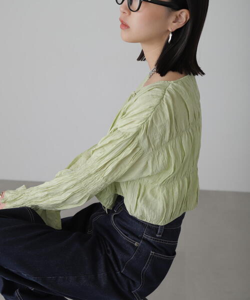 FREE'S MART（フリーズマート）の「◆［WEB限定］シアーギャザー前開き短丈ブラウス（シャツ/ブラウス・レディース・ブラック/ホワイト/ライトグリーン/オレンジ・FREE）」の13枚目の写真