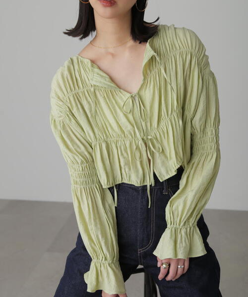 FREE'S MART（フリーズマート）の「◆［WEB限定］シアーギャザー前開き短丈ブラウス（シャツ/ブラウス・レディース・ブラック/ホワイト/ライトグリーン/オレンジ・FREE）」の18枚目の写真