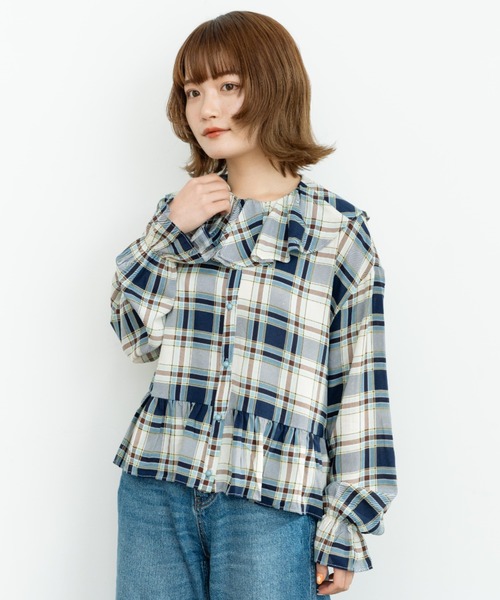 eLur（エラー）の「チェックフリルブラウス（シャツ/ブラウス・レディース・ブルー/ブラウン・FREE）」の4枚目の写真