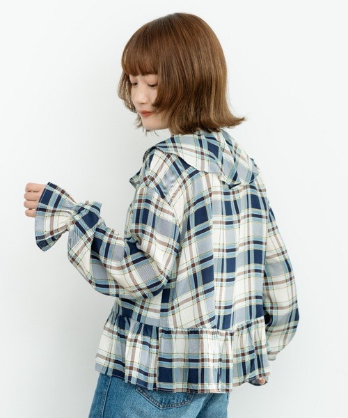 eLur（エラー）の「チェックフリルブラウス（シャツ/ブラウス・レディース・ブルー/ブラウン・FREE）」の5枚目の写真