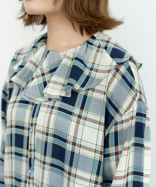 eLur（エラー）の「チェックフリルブラウス（シャツ/ブラウス・レディース・ブルー/ブラウン・FREE）」の7枚目の写真