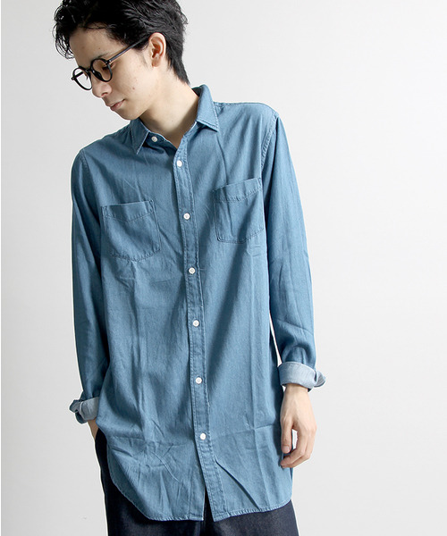 WEGO(ウィゴー)の「WEGO/レーヨンデニムロングシャツ(シャツ/ブラウス・メンズ・ライトインディゴブルー/ダークインディゴブルー・MEDIUM/LARGE)」の1枚目の写真