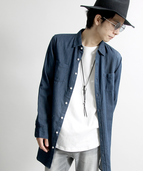 WEGO(ウィゴー)の「WEGO/レーヨンデニムロングシャツ(シャツ/ブラウス・メンズ・ライトインディゴブルー/ダークインディゴブルー・MEDIUM/LARGE)」の2枚目の写真