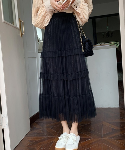 ｔｏｌｅｎｅ（トレネ）の「チュールティアードロングスカート（スカート・レディース・ブラック/ホワイト・FREE）」の12枚目の写真