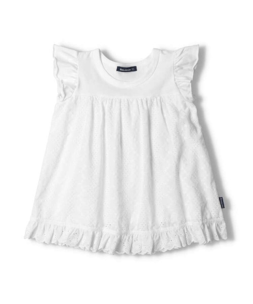 Moujonjon(ムージョンジョン)の「レース切替袖フリルチュニックTシャツ(Tシャツ/カットソー・キッズ・ホワイト/ピンク・80/90/100/110/120/130)」の1枚目の写真