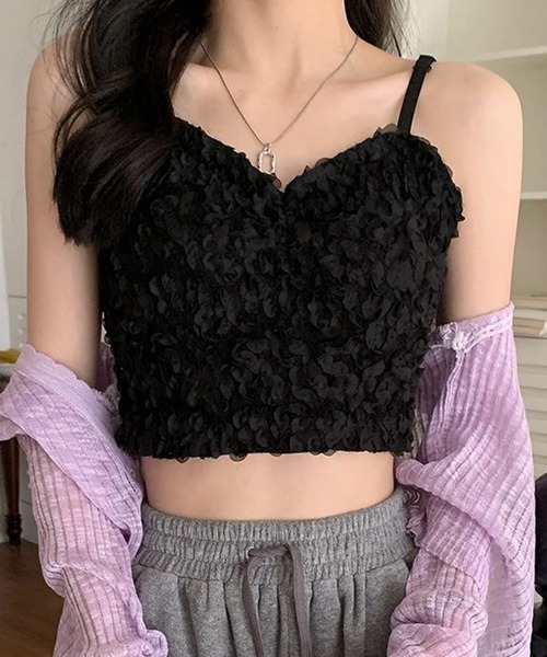 Lace Ladies（レースレディース）の「ふわふわ 立体 フラワー クロップド カップ付き キャミソール（キャミソール・レディース・ブラック/アイボリー/ホワイト・FREE）」の5枚目の写真