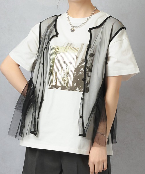 【新品】定価19,800円　箔プリント半袖チュニック　シルバー　ホワイト　11号 Lull（ルル）の「【Lull / ルル】箔プリントフォトTシャツ（T
