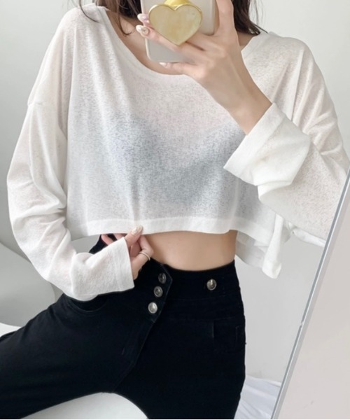 LADY LIKE（レディライク）の「クロップド丈ゆったりシアートップス（Tシャツ/カットソー・レディース・サックスブルー/ブラック/グリーン/ホワイト・M）」の5枚目の写真