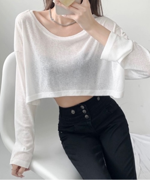 LADY LIKE（レディライク）の「クロップド丈ゆったりシアートップス（Tシャツ/カットソー・レディース・サックスブルー/ブラック/グリーン/ホワイト・M）」の6枚目の写真