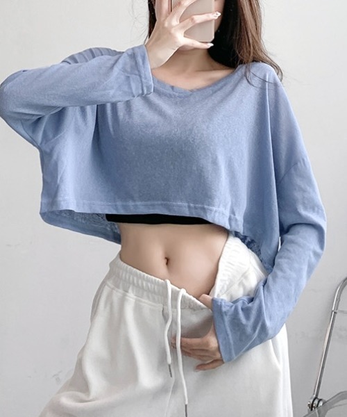 セール】クロップド丈ゆったりシアートップス（Tシャツ/カットソー