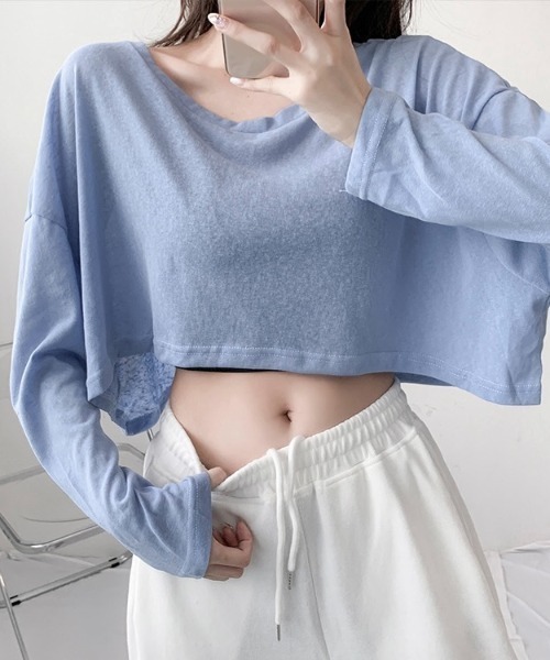 LADY LIKE（レディライク）の「クロップド丈ゆったりシアートップス（Tシャツ/カットソー・レディース・サックスブルー/ブラック/グリーン/ホワイト・M）」の15枚目の写真