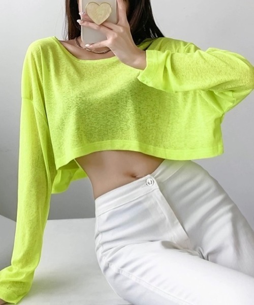 セール】クロップド丈ゆったりシアートップス（Tシャツ/カットソー