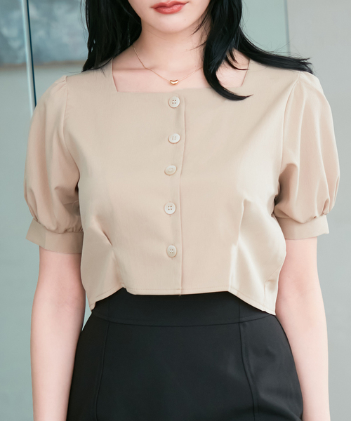 Theory ボタンシャツブラウス　ピンクベージュ　クルーネック セール】スクエアネックフロントボタンブラウス（シャツ/ブラウス