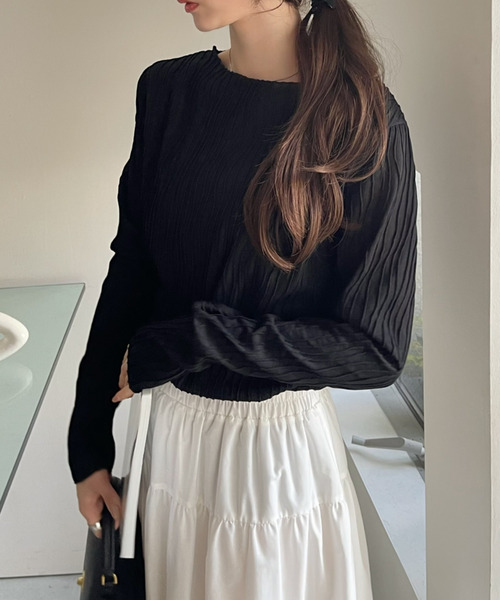 Ada.（エイダ）の「ウェーブ プリーツ ボートネック トップス（Tシャツ/カットソー・レディース・ブラウン/アイボリー/ブラック/ボルドー・FREE）」の7枚目の写真