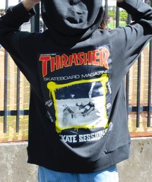 Manhattan Portage THRASHER HOODIE SWEAT PARKA/マンハッタンポーテージ × スラッシャー マガジングラフィックバックプリントコレボレーション長袖プルオーバーフーディ