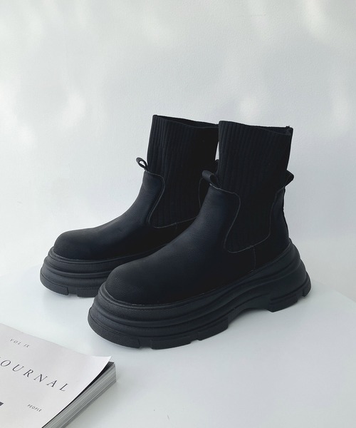 セール】厚底サイドゴア フェイクレザー ソックスブーツ（ブーツ）｜AS