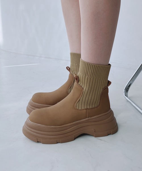 厚底サイドゴア フェイクレザー ソックスブーツ（ブーツ）｜AS KNOW AS