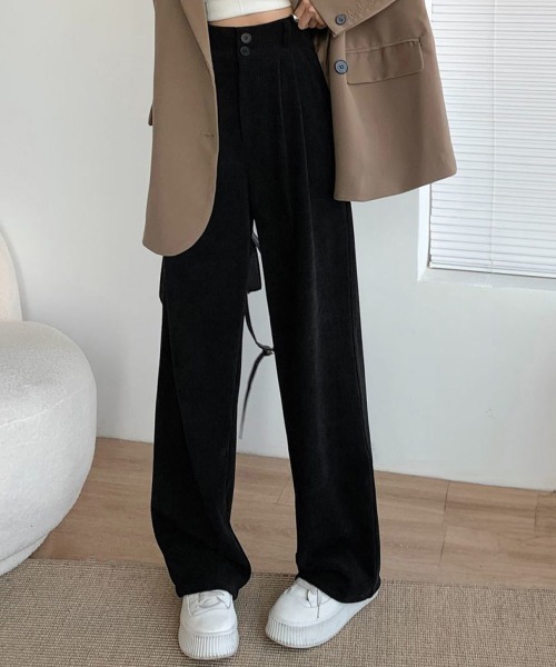 Miniministore(ミニミニストア)の「コーデュロイワイドパンツ 裏起毛ノーマル(スラックス・レディース・アイボリー系1/アイボリー系2/ブラック系1/ブラック系2/グレー系1/グレー系2/ブラウン系1/ブラウン系2・M/L/XL)」の2枚目の写真