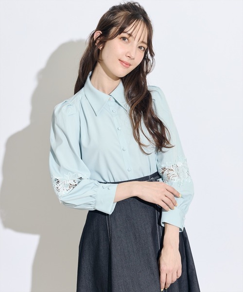 SWINGLE（スウィングル）の「レース切替スリーブシャツブラウス（シャツ/ブラウス・レディース・ネイビー/ミント/ピンク/ライトベージュ・FREE）」の2枚目の写真